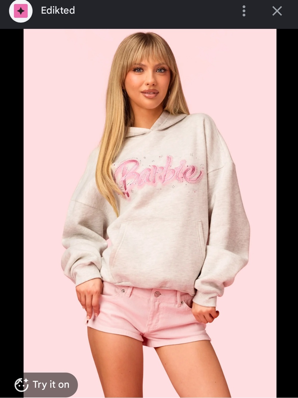 Edikted Barbie Script Hoodie in Light Gray with Pink Accent